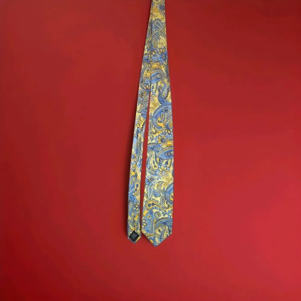 George Mens Yellow and Blue Design Necktie 100% Silk 3 1/2
